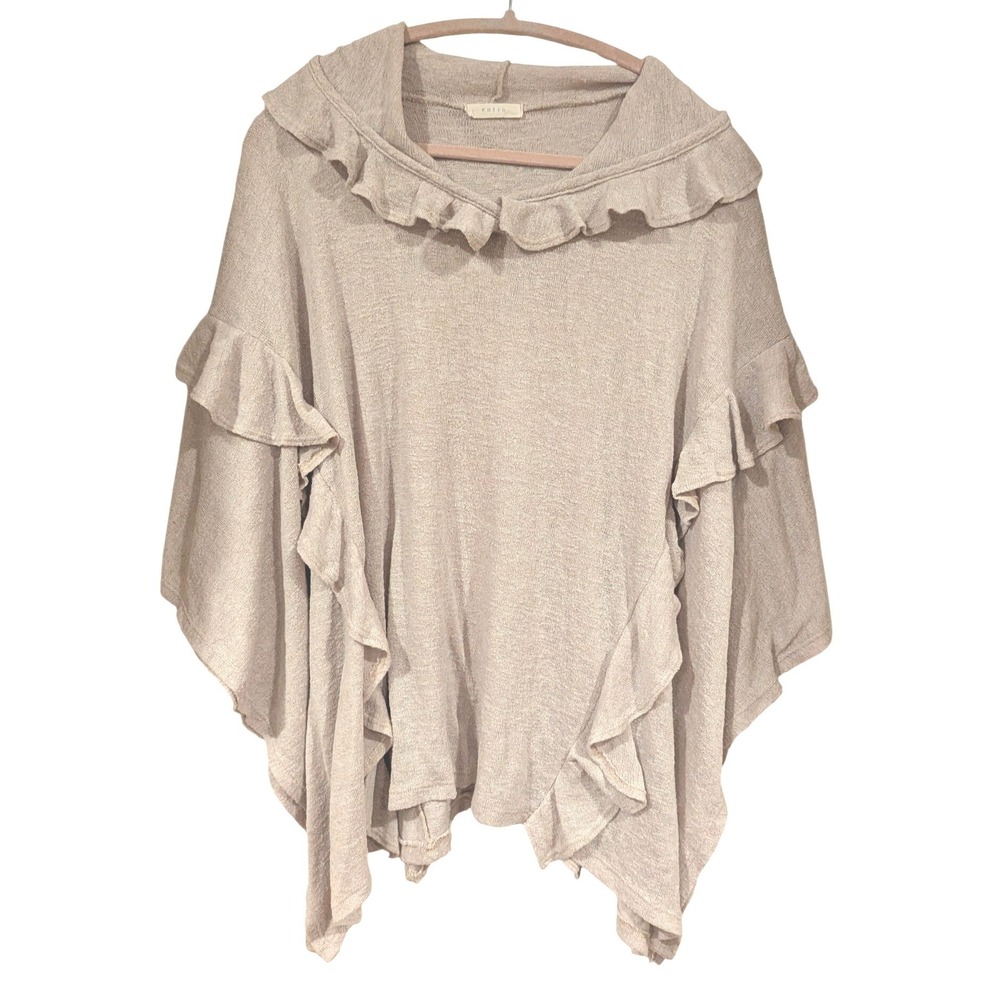 Entro Ruffle Hooded Poncho M/L Oatmeal Beige Knit Boho Romantic Wrap